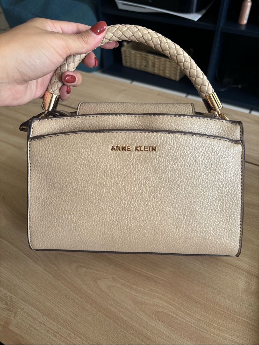 Anne Klein Beige Pebbled Top Handle Satchel Bag Braided